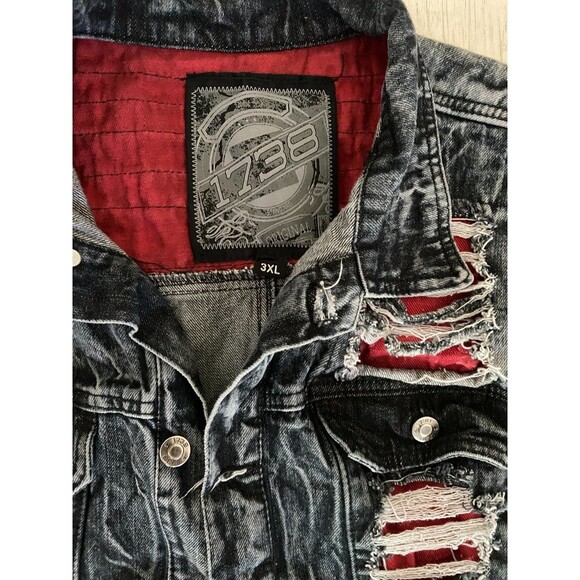 Vtg 1738 Denim Vest Jacket Cotton 3XL Biker Rockabilly Black Shredded Acid Wash - Picture 3 of 8